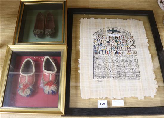 A pair of Turkish childrens framed shoes and a similar pair of Greek shoes